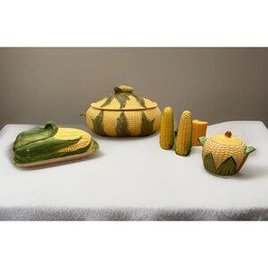 Corn Serving Set Salt Pepper Butter Dish Sugar Bowl Covered Vegetable Toothpick